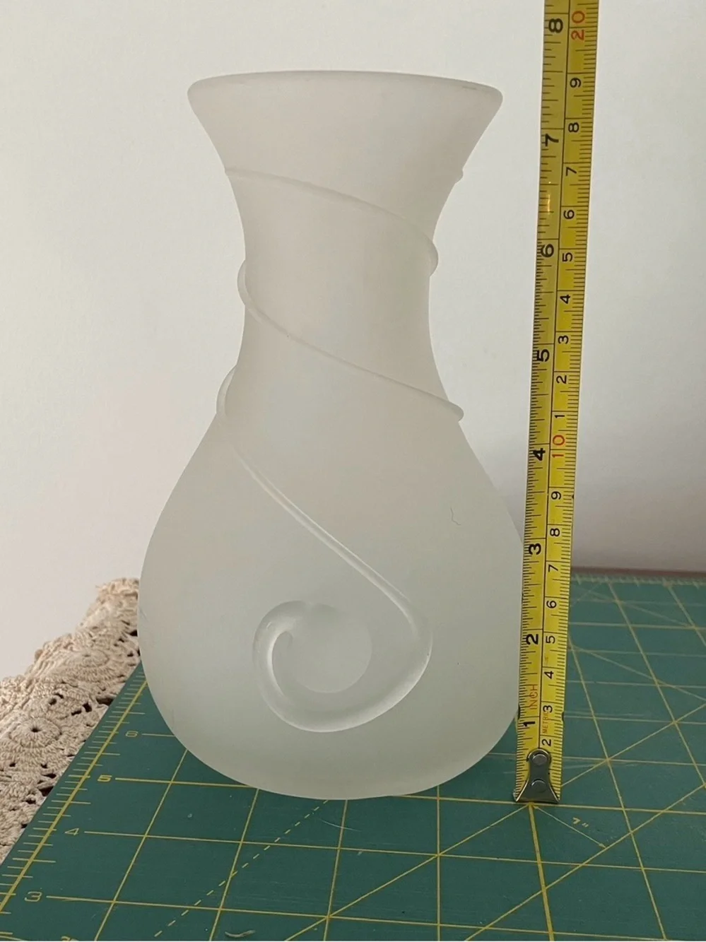 Frosted White Glass Vase with Swirl Accent